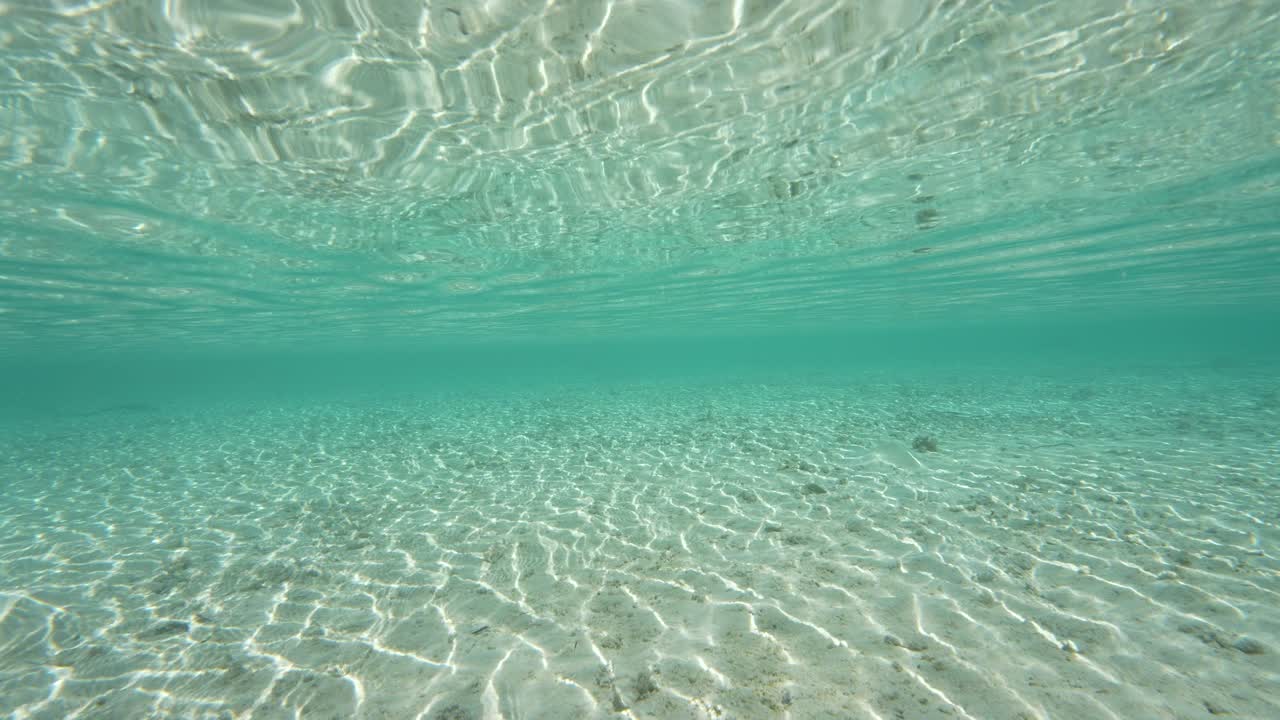 Split shot, camera emerges, half above, half below water of a tropical beach in Fakarva, second biggest atoll in French Polynesia in the south pacific ocean in Slow motion