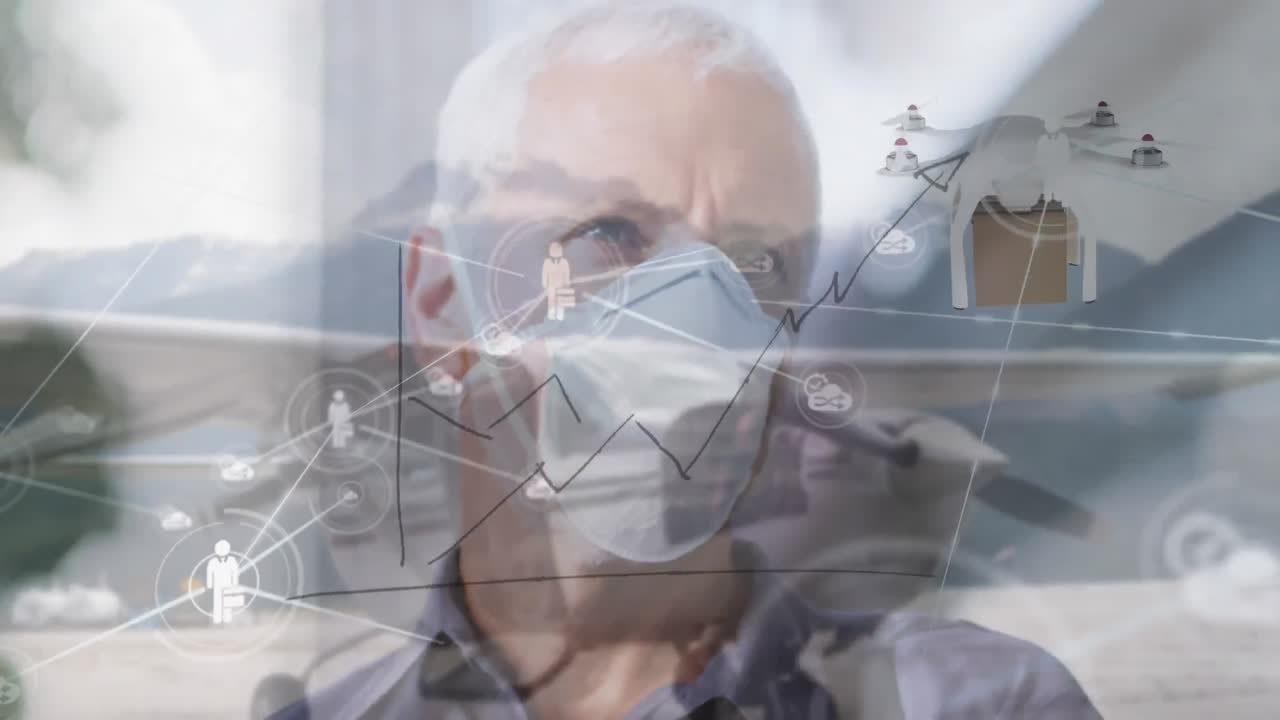 얼굴 마스크를 입은 백인 남성 위에 아이콘의 애니메이션