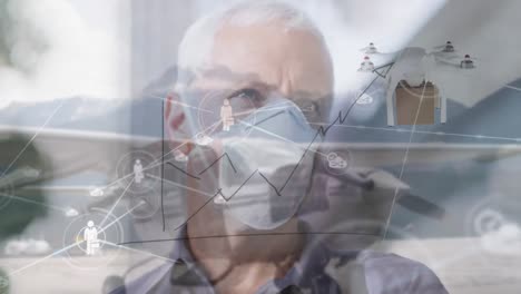 animación de iconos sobre hombre caucásico con máscara facial