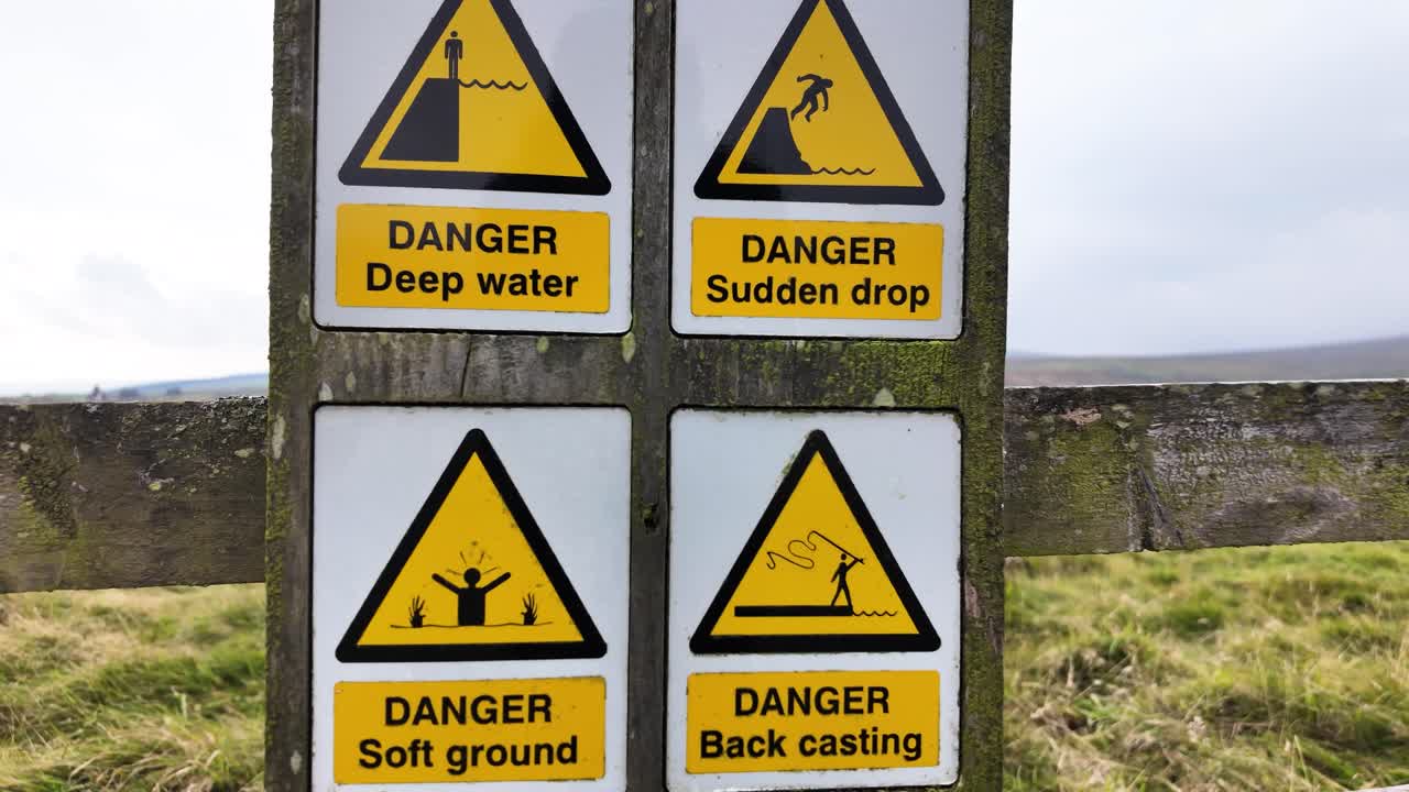 Yellow warning signs displaying deep water, sudden drop, soft ground, and back casting dangers