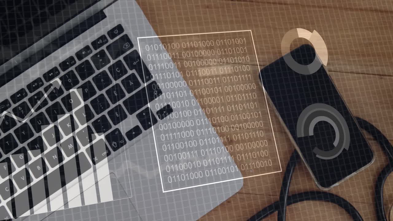 animación del procesamiento de datos financieros en el escritorio con dispositivos electrónicos