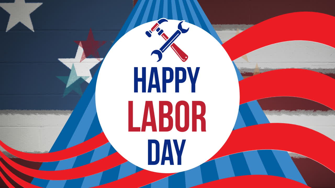 Animation of happy labor day text over american flag stars and stripes