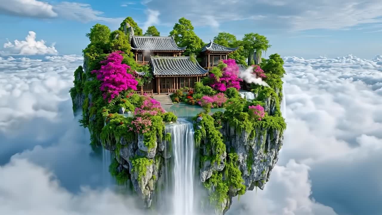 A small house on top of a cliff in the clouds