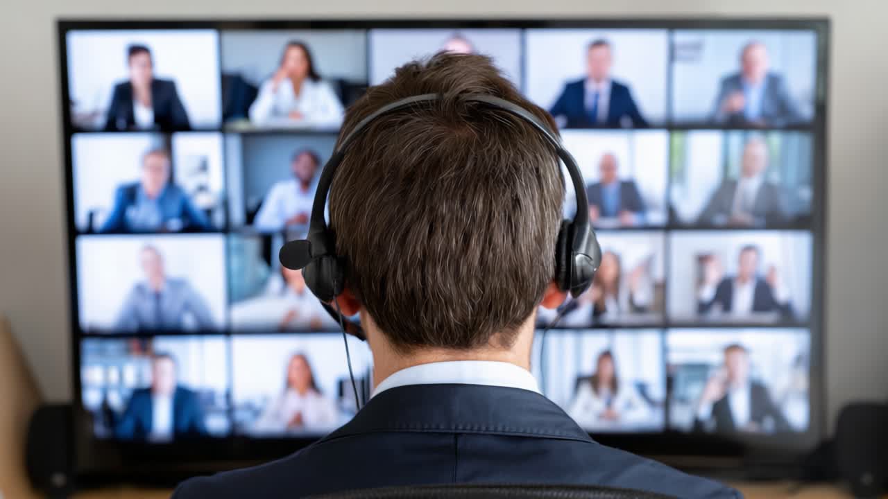 Engaging in a Virtual Meeting: A Focused Professional Participating in a Seamless Online Conference with Multiple Attendees Displayed on a Large Screen