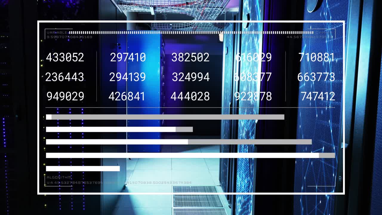 animación del procesamiento de datos y la red de conexiones a través de la sala de servidores