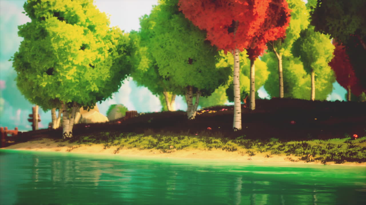 colorido bosque de dibujos animados al atardecer