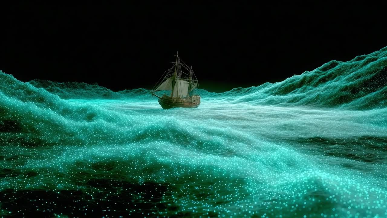 A surreal sailing experience through luminescent waves, where a solitary ship navigates the mysterious ocean, illuminated by a mesmerizing array of glowing particles at night