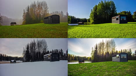 una cabina de remolque o una casa diminuta en el campo: los mosaicos de lapso de tiempo de las cuatro estaciones