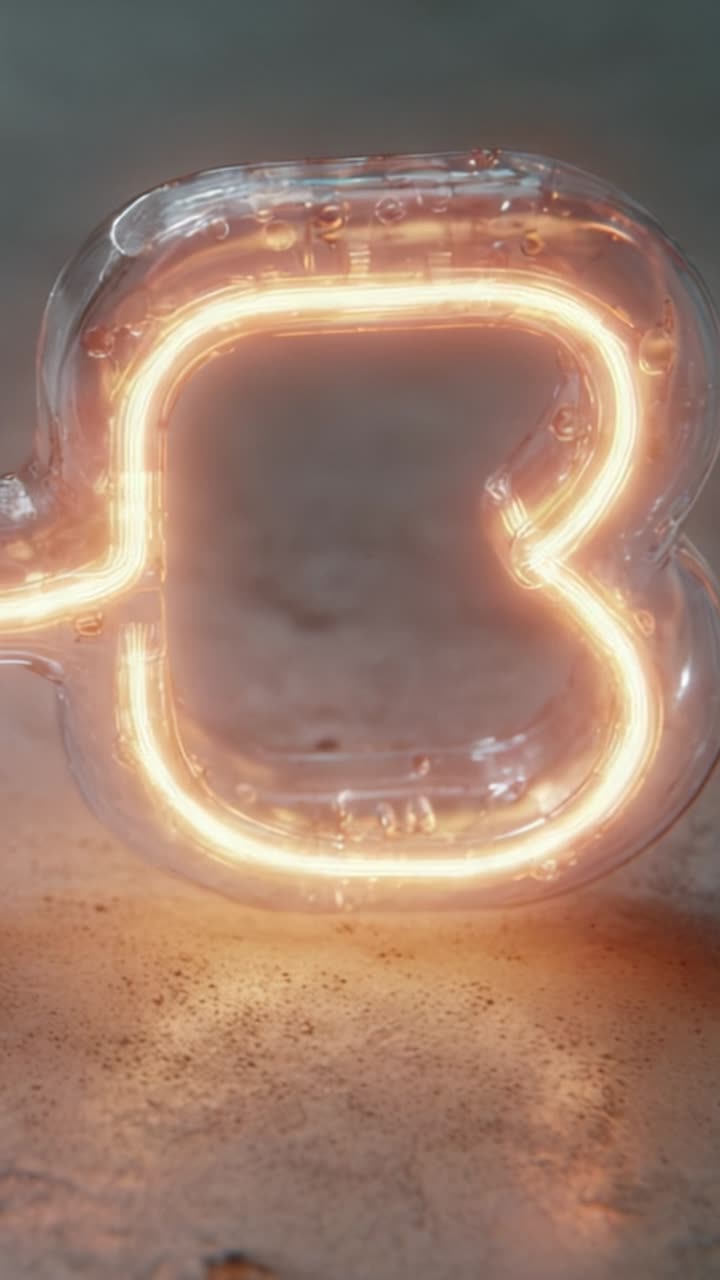 Numero tre al neon in vetro illuminato in un tubo trasparente, che irradia un bagliore caldo su uno sfondo tenue, mettendo in mostra il suo design artistico e la sua forma unica.