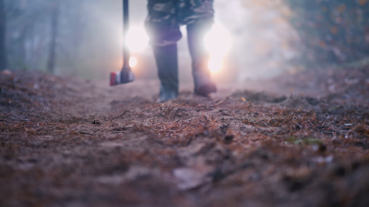 숲길에서 피 묻은 도끼를 든 살인자가 자동차 헤드라이트에 비추어 소름 끼치는 범죄 현장에 서 있다