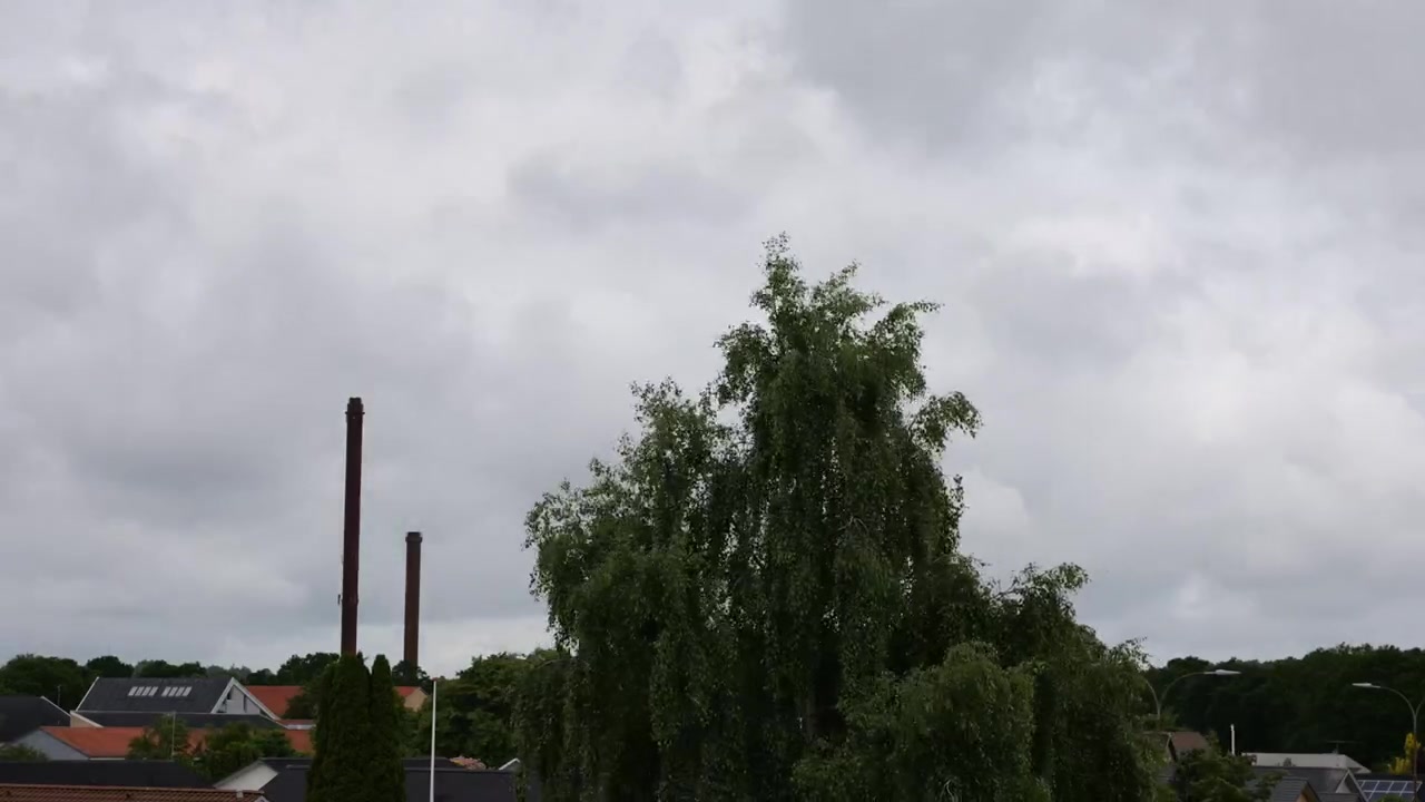 Industriel skorsten timelapse med grønt træ og grå himmel i Silkeborg, Danmark.