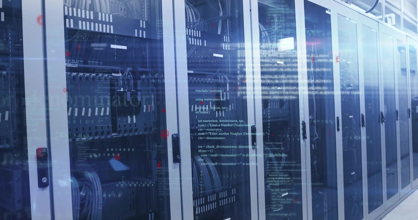 Code overlays appearing on glass server racks while camera panning rightward visualizing data flow
