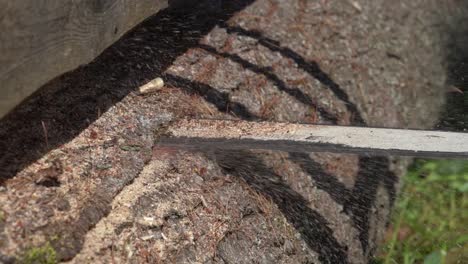 close-up-shot-of-a-chainsaw-flinging-bits-of-sawdust-in-slow-motion-while-processing-a-pine-log-on-a-homemade-mill