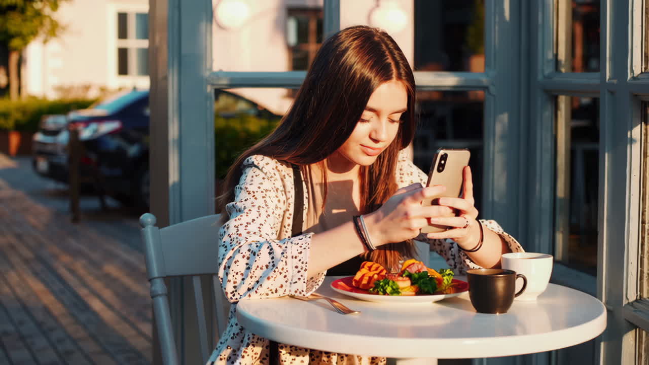 A woman is using her mobile phone while having lunch at a cafe