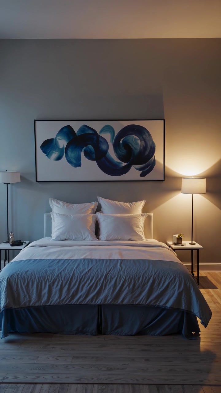 Confortevole camera da letto moderna con luci calde e un quadro astratto