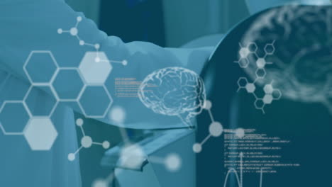 animation of scientific data processing and human brains over caucasian male scientist in laboratory