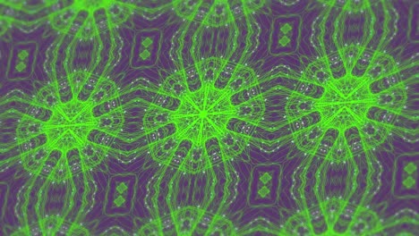 Digital-animation-of-green-kaleidoscopic-shapes-moving-in-hypnotic-motion-against-purple-background