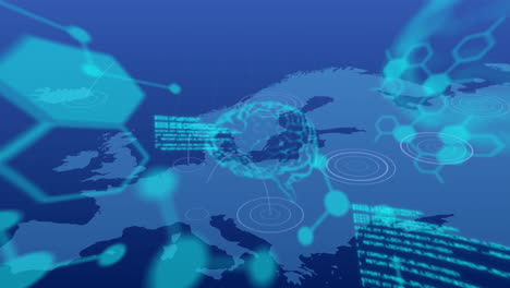 animation of human brain and digital data processing over map of europe background