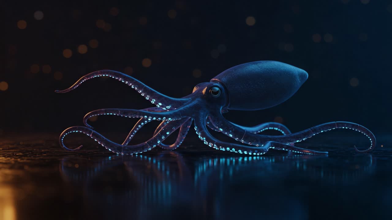 A Mesmerizing Deep-Sea Creature: The Luminous Octopus Captured in Stunning Detail in a Dark, Underwater Environment