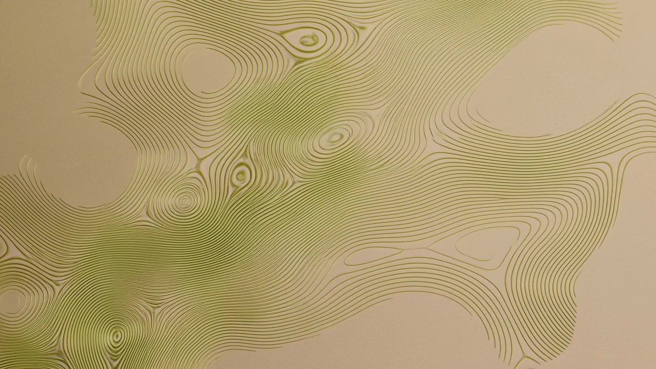Minimalist abstract composition with soft beige background, flowing green contour lines, and layered organic forms on the left and upper area, leaving open copy space on the right