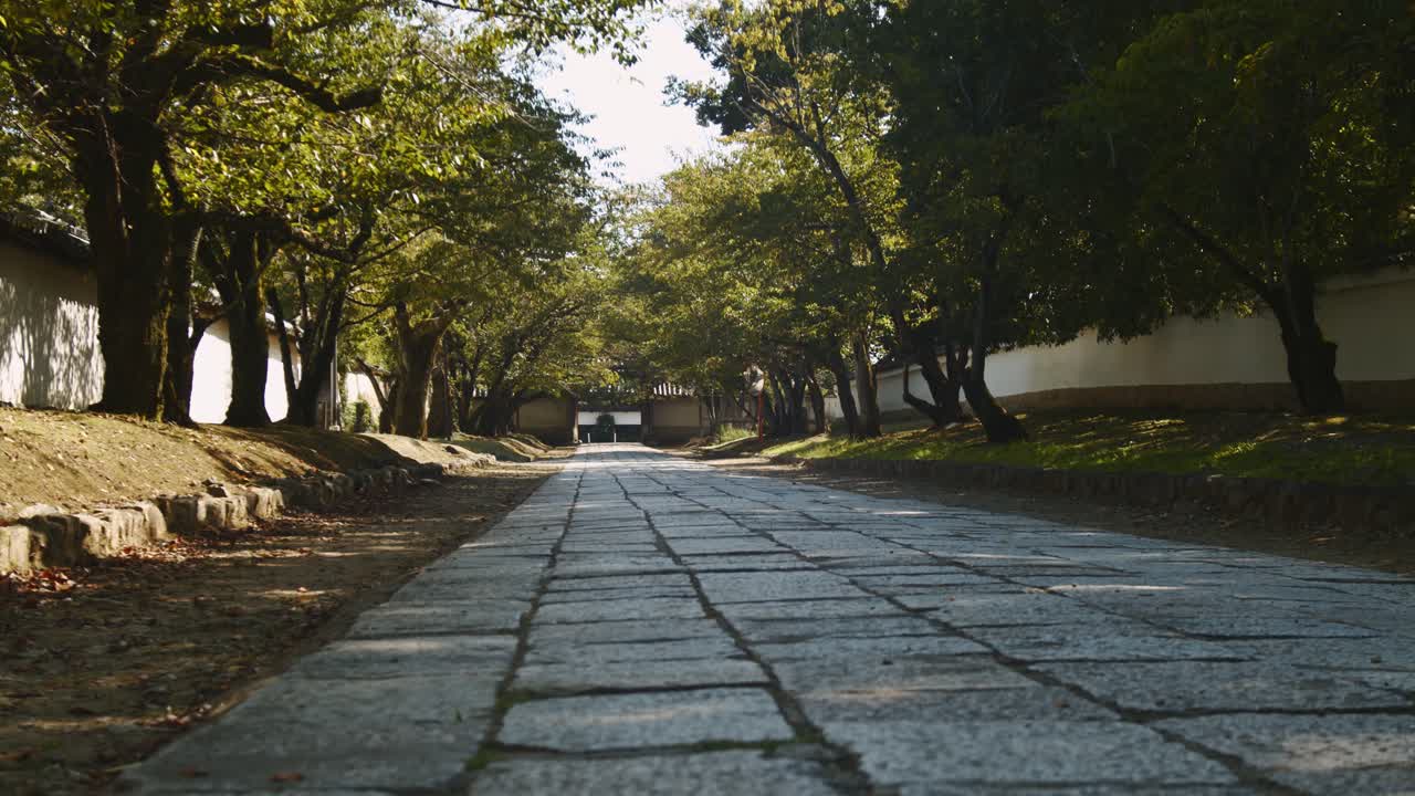 일본 교토의 한 사원에 있는 돌길의 슬라이드 샷, 일본 4k 슬로우 모션