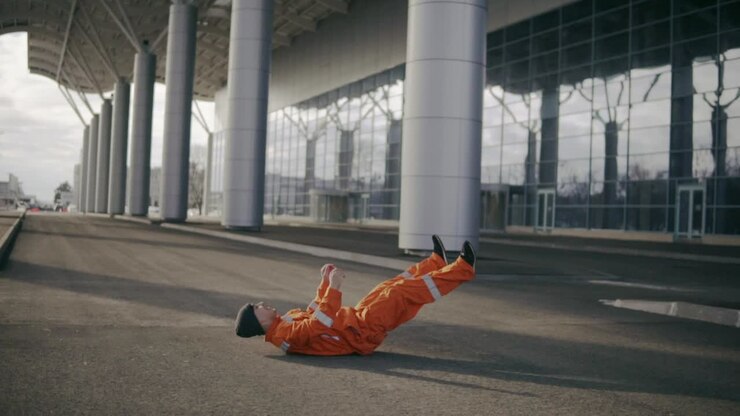Construction worker in uniform doing difficult somersault and falling down. Parkour unsuccessful