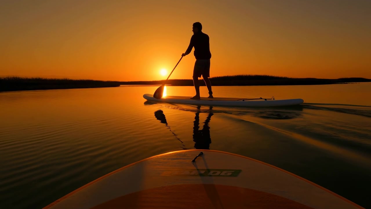 Une personne seule se tient debout sur une planche de paddle, pagaie à la main, glissant sur une eau calme près d'une rive bordée de roseaux, tandis que la lumière chaude du coucher de soleil crée une silhouette audacieuse, de doux reflets et une ambiance extérieure sereine.