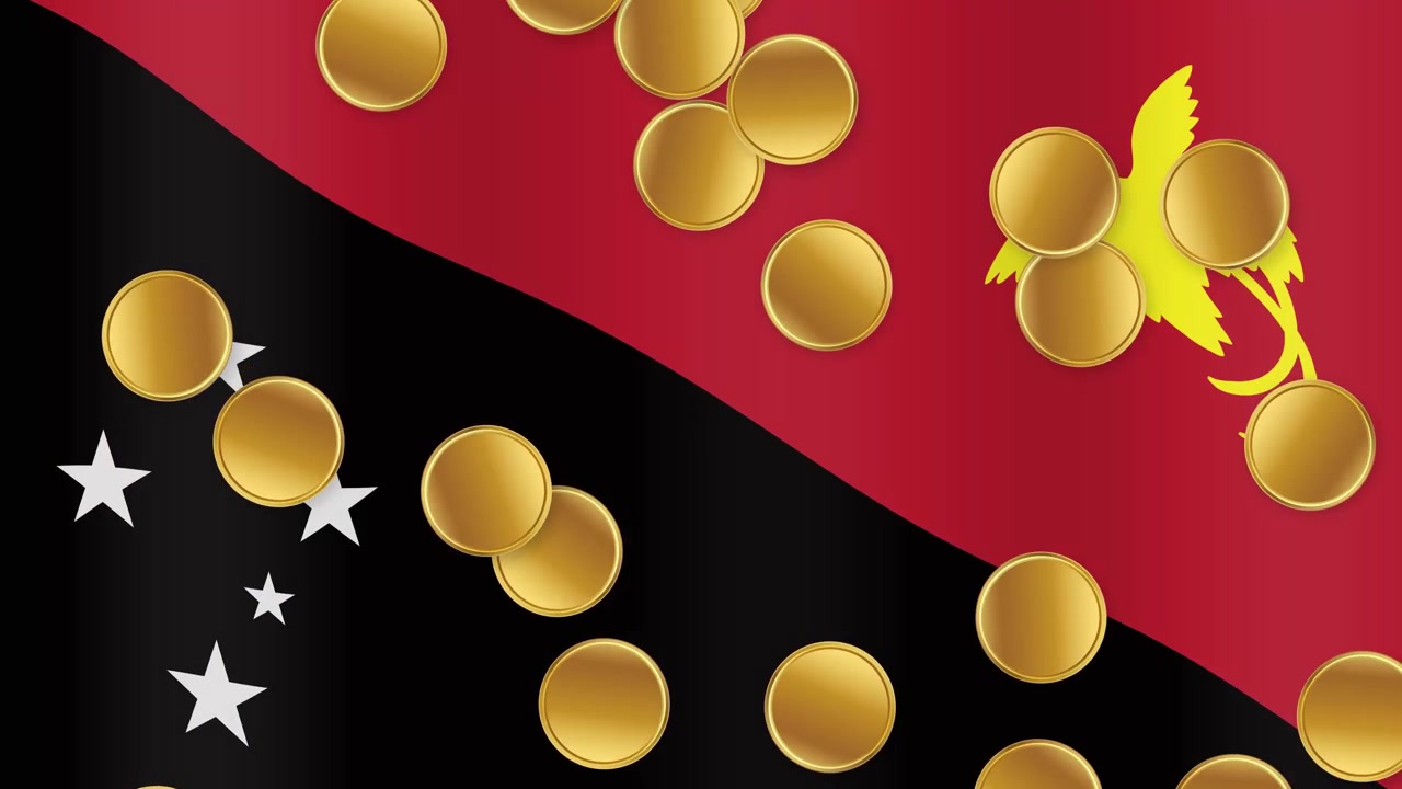 Monete d'oro che cadono sulla bandiera della Papua Nuova Guinea