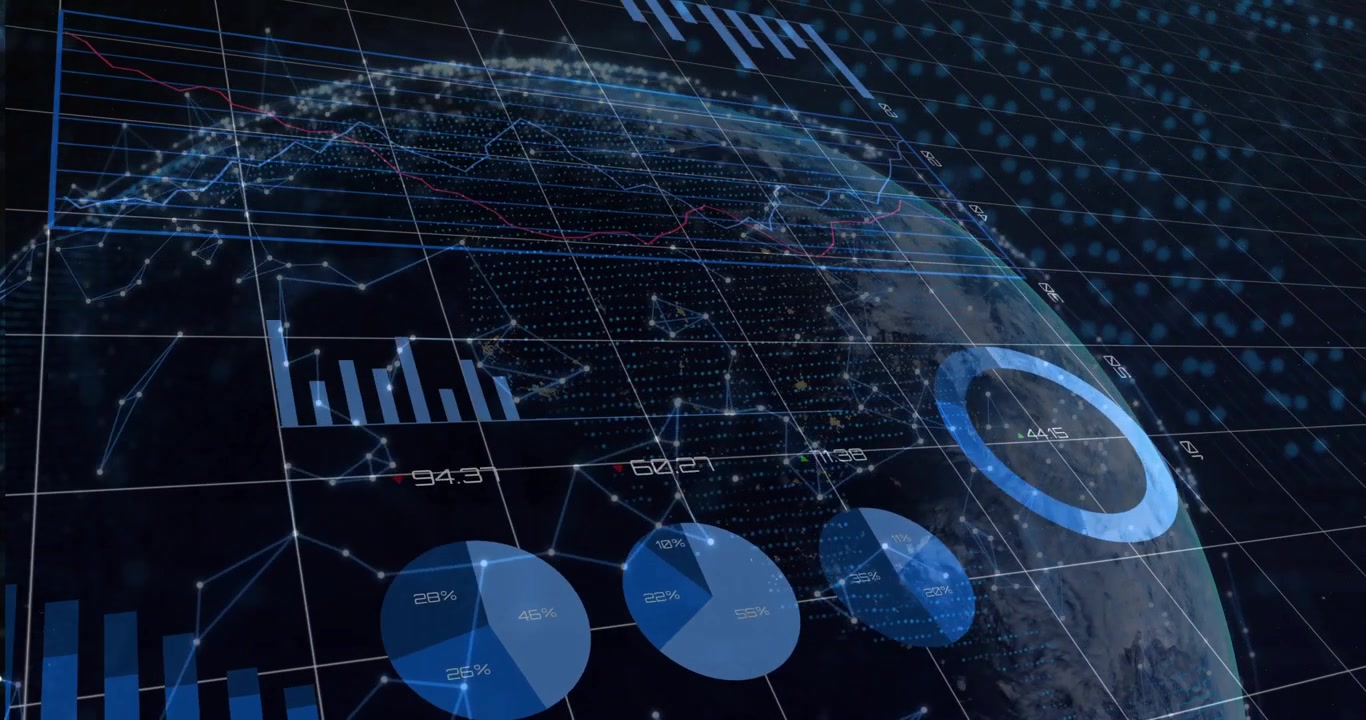 3D render data analysis scene showing rotating blue globe overlaying live charts and network grid