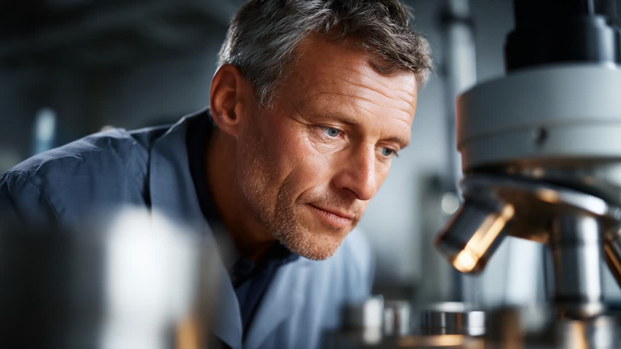 Fokuseret videnskabsmand observerer prøver under mikroskop i et laboratoriemiljø og fanger essensen af videnskabelig undersøgelse, forskning og opdagelse med intens koncentration og præcisionsarbejde i gang