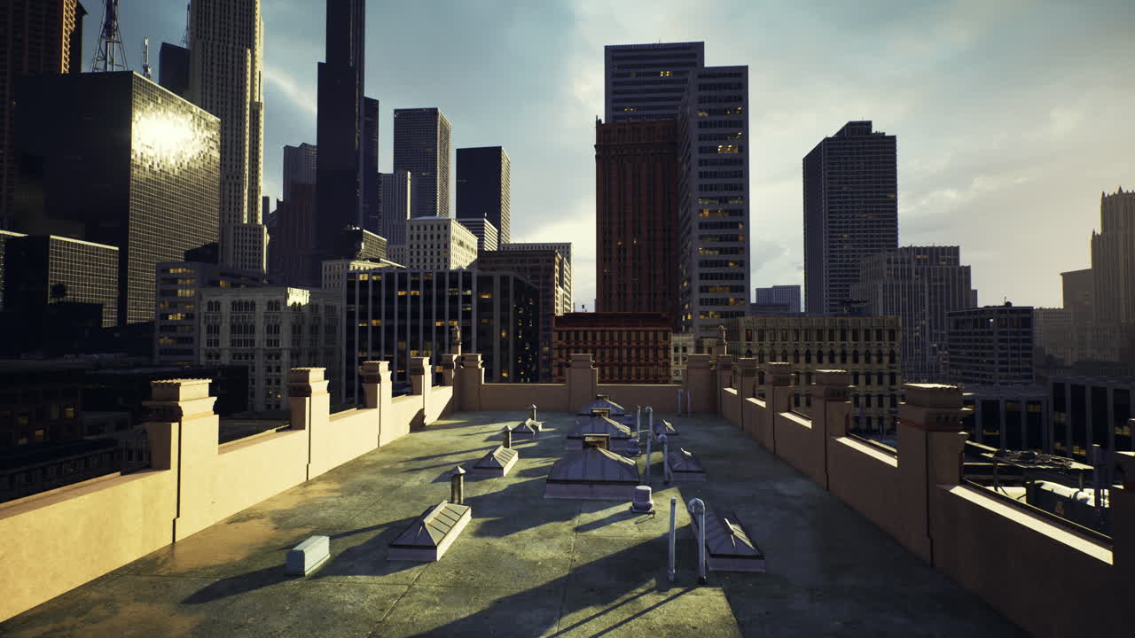 Rooftop view of urban skyline during late afternoon in a busy city