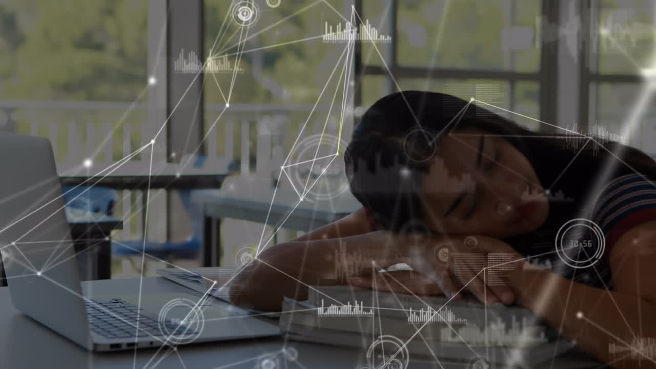 Animation of network of connections over latin male student sleeping at school