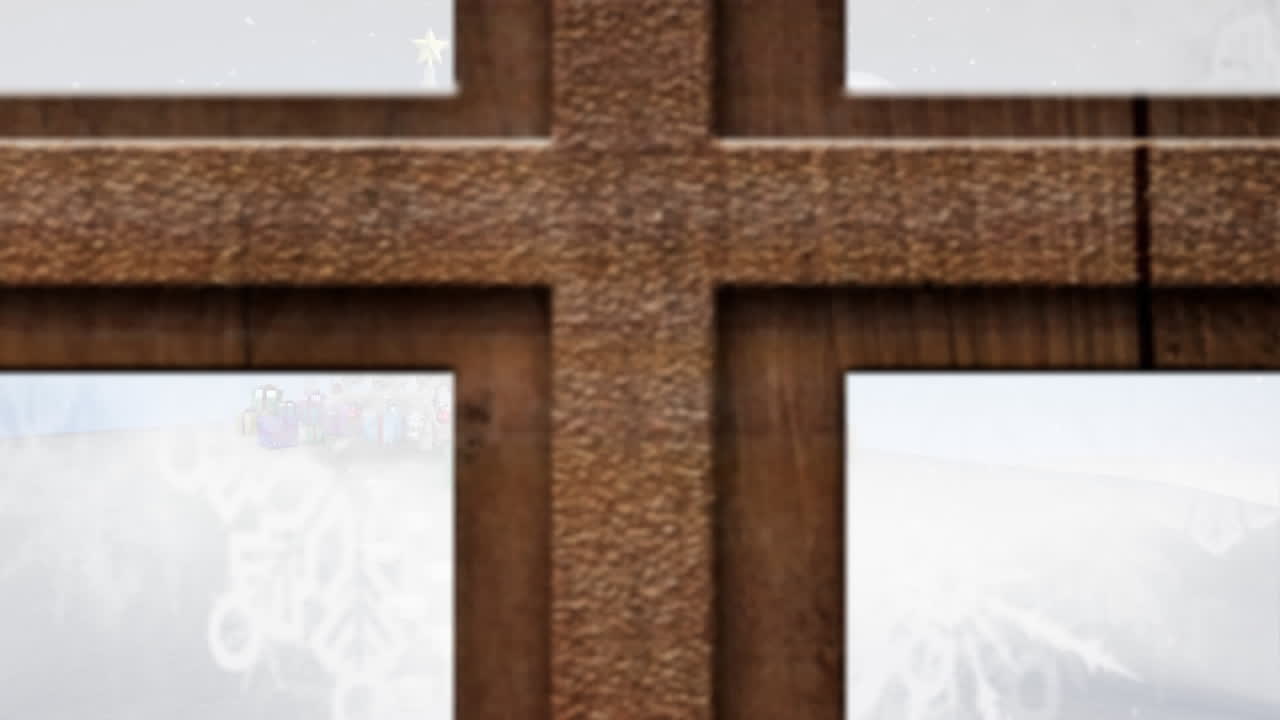 크리스마스 트리와 산타 슬레이가 창문을 통해 보이는 겨울 크리스마스 장면의 애니메이션