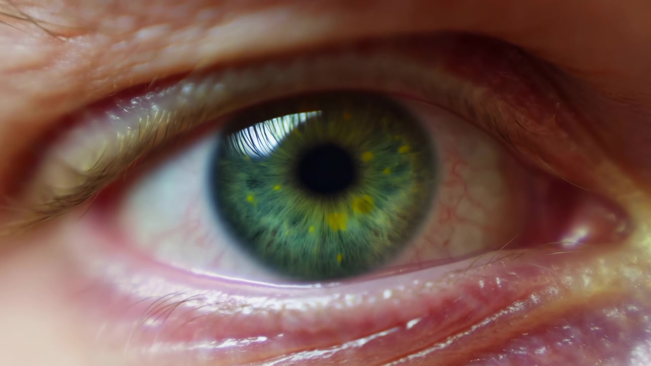 An extreme close-up of a human eye fills the frame, showing the green-hazel iris, eyelashes, eyelid texture, and subtle reflections as the gaze stays steady
