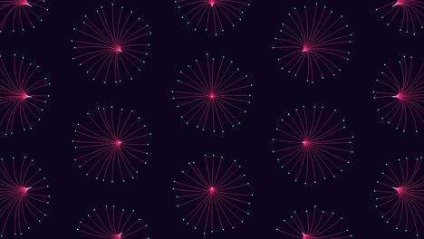 Illusion neon circles pattern in rows with neon dots on dark gradient