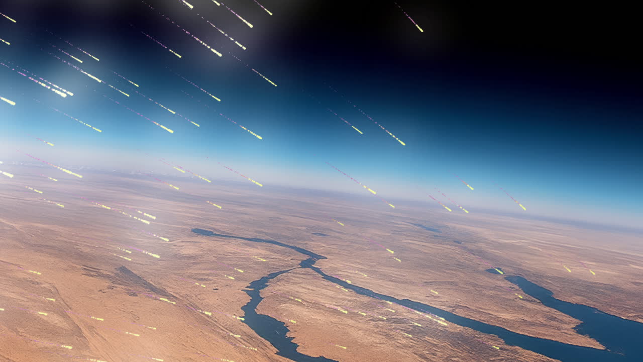 Meteor shower in space above Earth