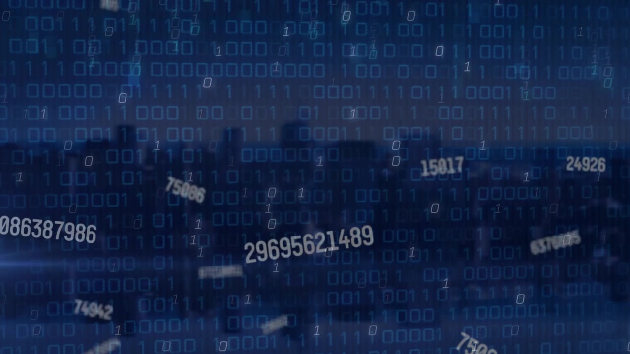 Animation of data processing over binary coding and cityscape