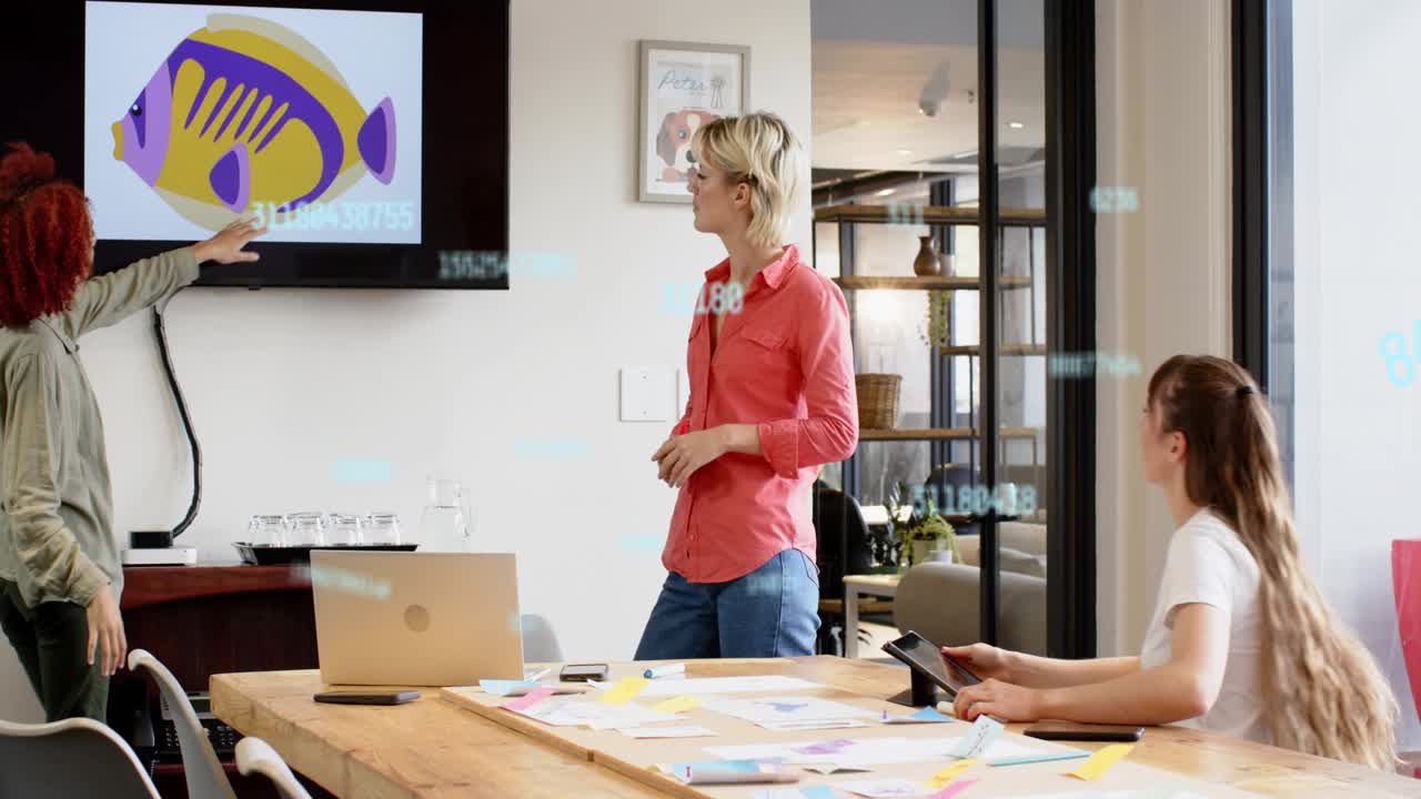 Standing lead opening biz brainstorm speaking gesturing as data overlays moving around screen fish