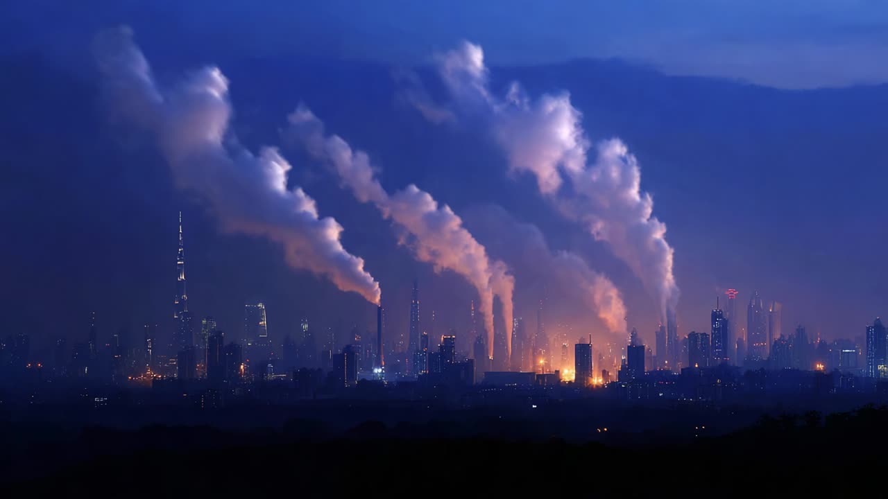 A mesmerizing twilight skyline illuminated by industrial chimneys releasing thick, dark plumes of smoke, creating a dramatic contrast against the deepening blue background of the evening sky
