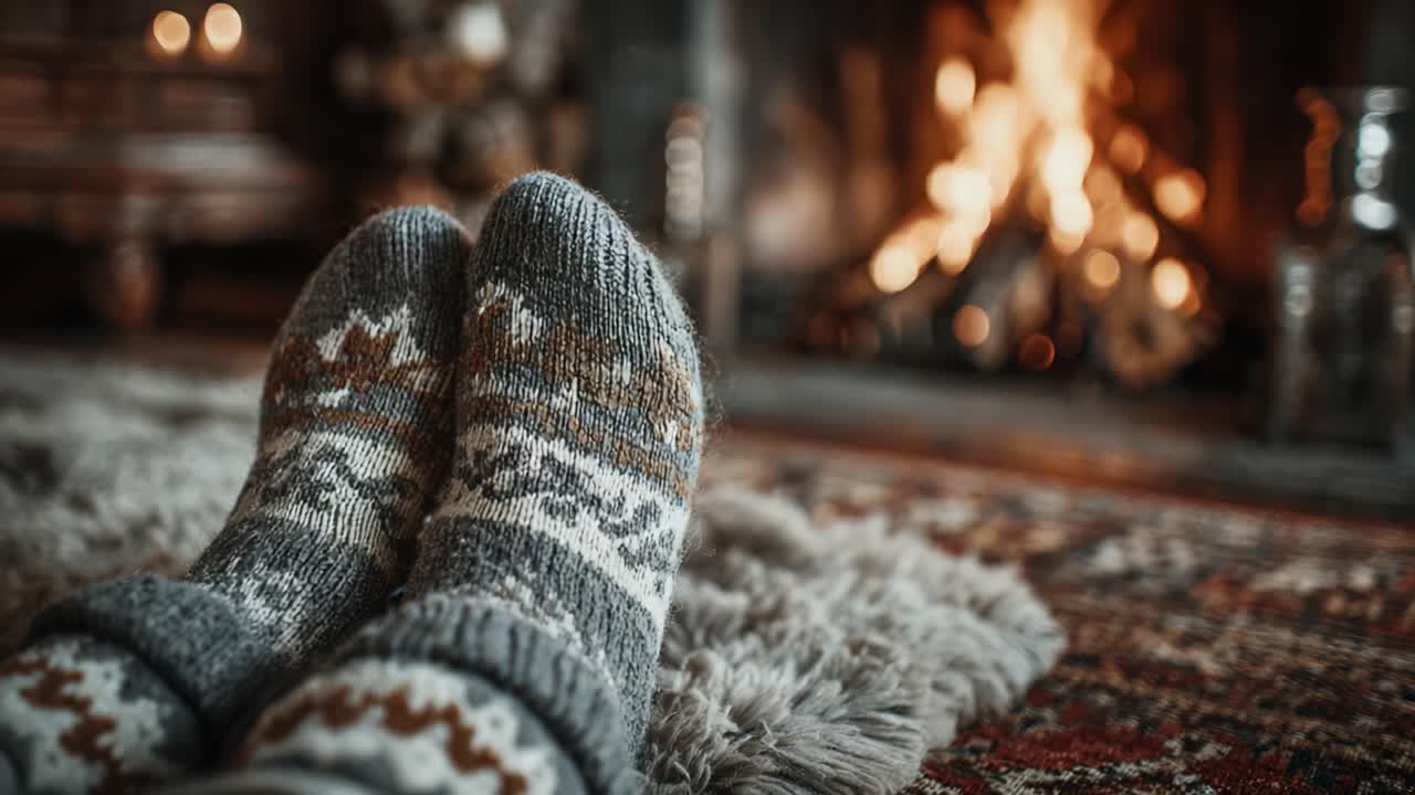 Cozy Winter Comfort: Relaxing at Home with Warm Socks by the Fireplace, Creating a Perfect Atmosphere for Relaxation and Rest during Cold Days