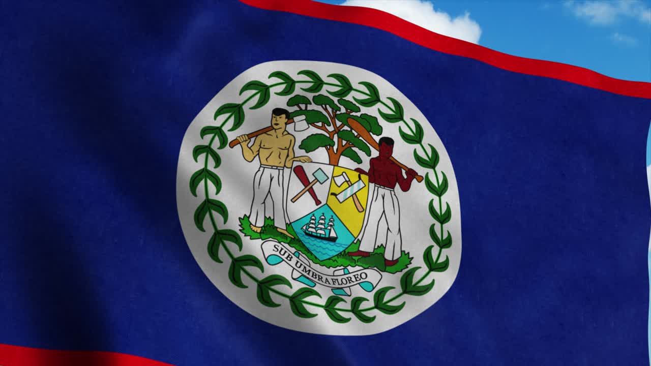 Belize flag waving in the wind, blue sky background. 4K