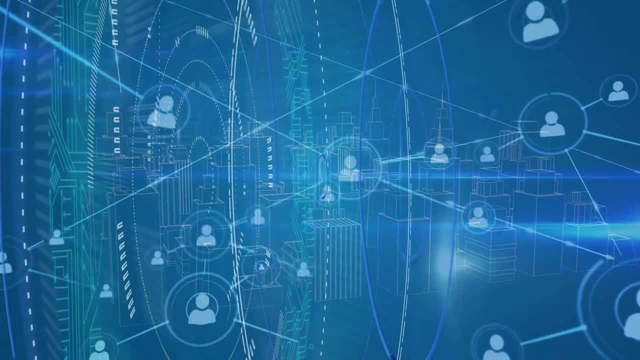 animación del procesamiento de datos sobre la ciudad digital sobre fondo azul