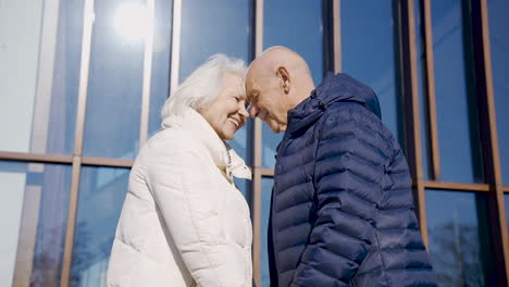 Liebevolles-älteres-Paar,-Das-An-Einem-Wintertag-Ihre-Stirn-Berührt