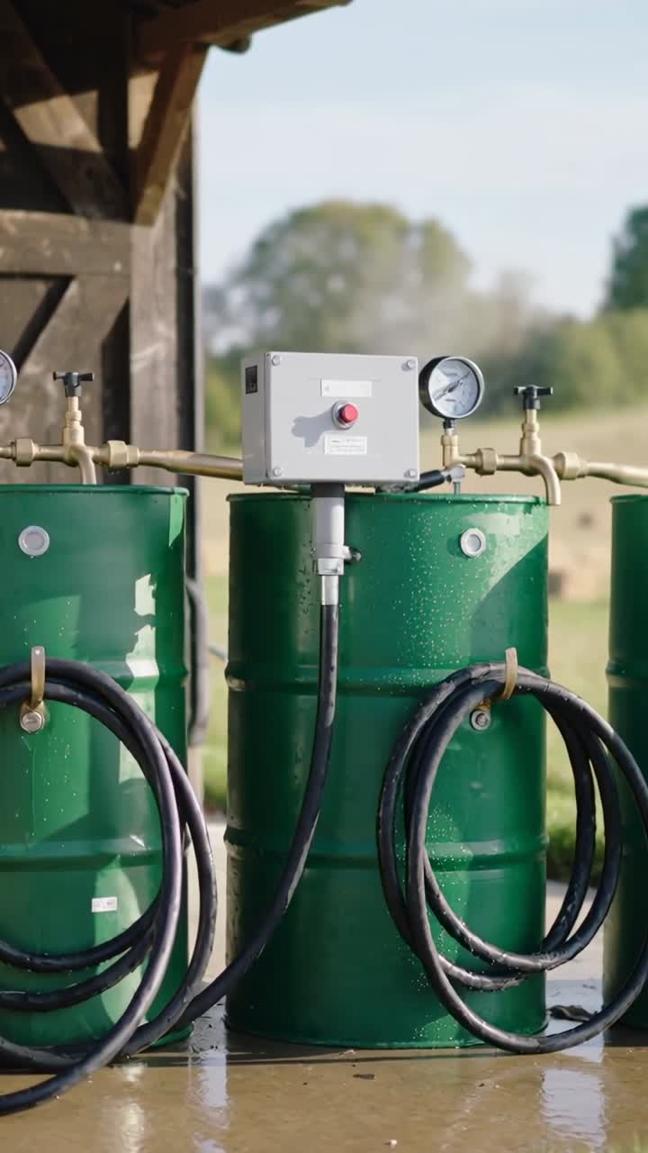 Vertical video: Moving camera framing three green drums under wooden shelter, revealing control box
