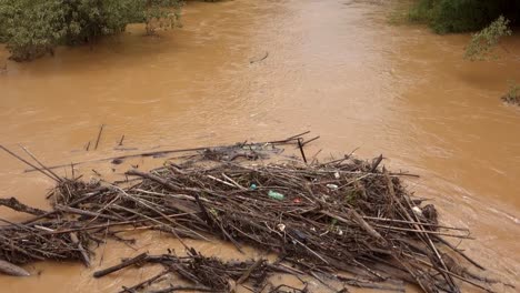 Trümmer-Und-Angesammelter-Schmutz-Im-überfluteten-Schlammigen-Flussbett,-Nach-Starken-Regenfällen-Im-Waldgebiet