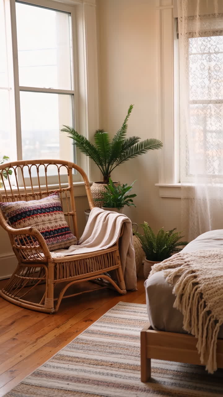 Cozy Bedroom Corner with Rattan Chair and Potted Plants