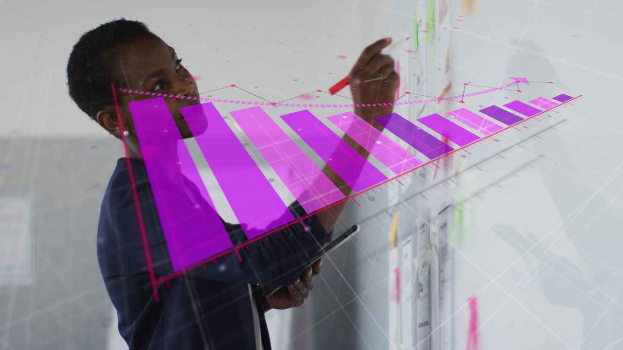 Animation of financial data processing over african american businesswoman in office