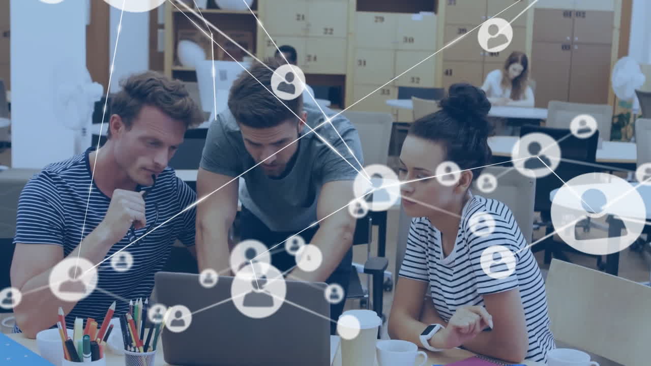 Animation of network of connections with people icons over diverse business people in office