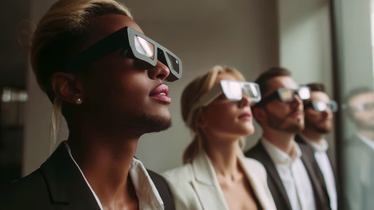A group of individuals wearing modern 3D glasses, gazing intently in the same direction, showcasing a moment of shared experience and engagement with cutting-edge technology