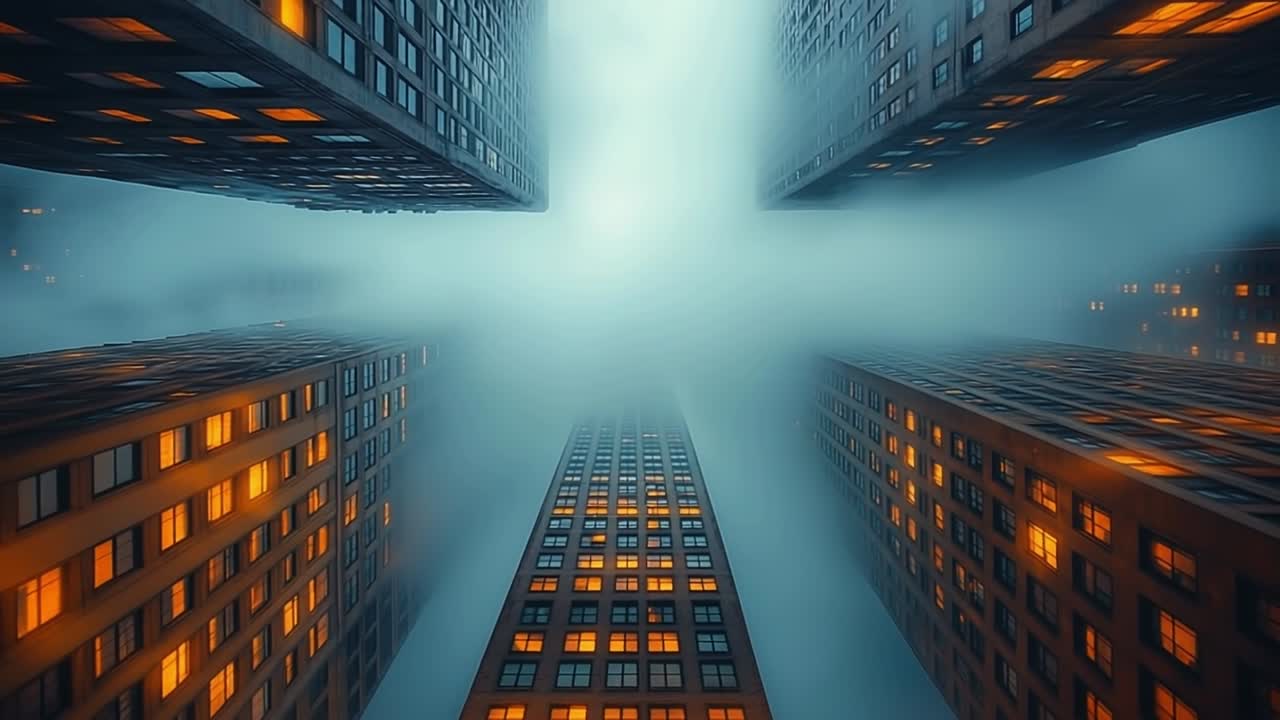 Buildings surrounded by fog in the city. Tall buildings rise into the thick fog, their illuminated windows glowing against the gray surroundings.